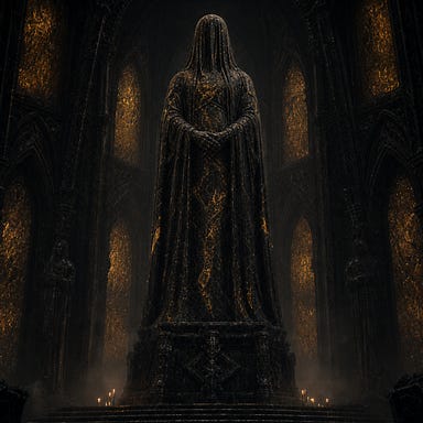 Statue of the God of Secrets in the Amber Temple, towering black stone figure with veiled face, folded hands, glowing amber veins, oppressive Barovian gothic atmosphere