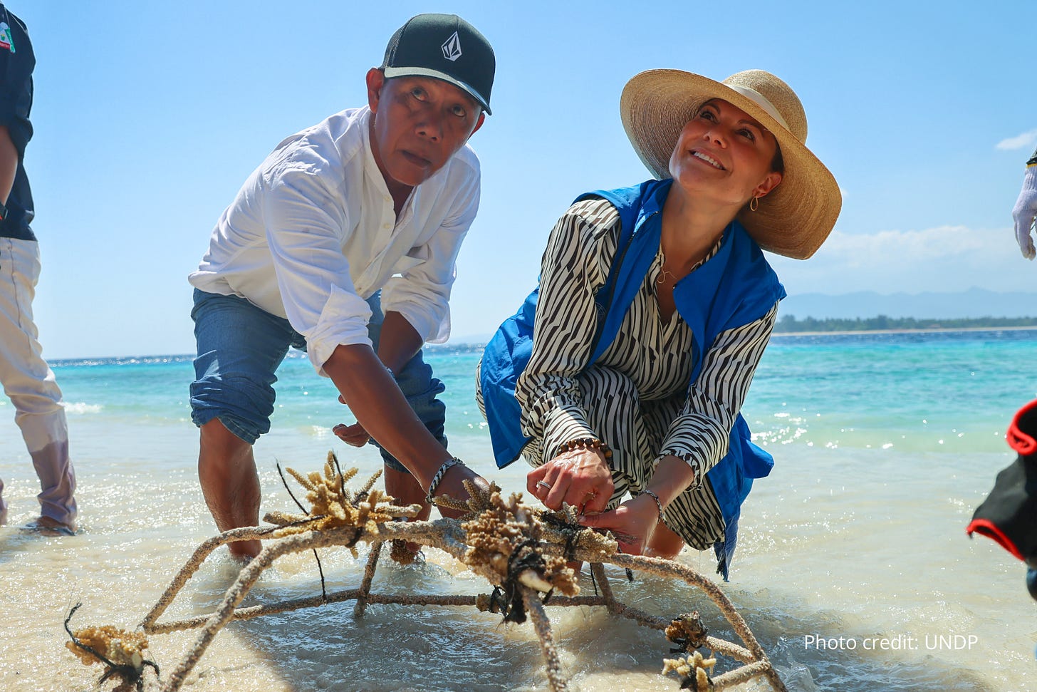 Swedish Crown Princess Victoria takes part in a coral reef restoration activity in Gili Meno, West Nusa Tenggara