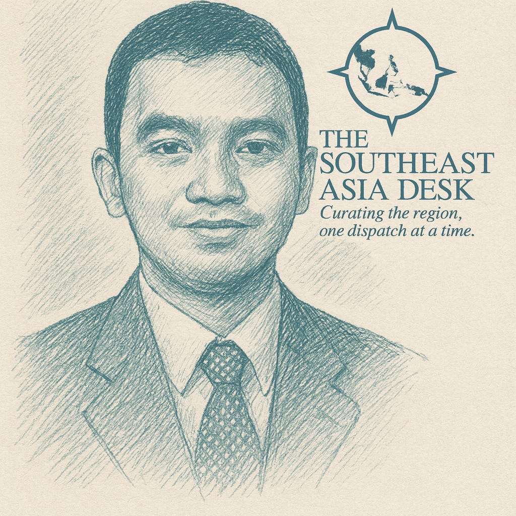 A monochromatic, green-tinted pencil sketch portrait of Mochamad Alvin Dwiana Qobulsyah. He is depicted looking forward, wearing a suit jacket, a collared dress shirt, and a patterned tie.  In the upper-right corner of the image, the logo for THE SOUTHEAST ASIA DESK is displayed. The logo features a stylized circular compass enclosure containing an outline map of Southeast Asia. Below the logo, serif typography reads:  "THE SOUTHEAST ASIA DESK. Curating the region, one dispatch at a time."