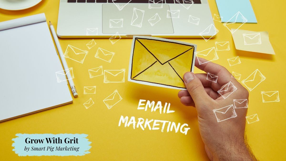 Hand holding a paper envelope illustration over a bright yellow desk with laptop and scattered email icons, representing email marketing and communication, with Grow With Grit branding. Hand holding a paper envelope illustration over a bright yellow desk with laptop and scattered email icons, representing email marketing and communication, with Grow With Grit branding.