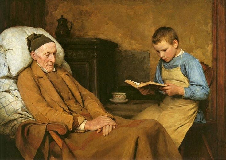 Albert Samuel Anker, Swiss painter (1831-1910). 'Grandfather's Devotion'  (c.1893)
