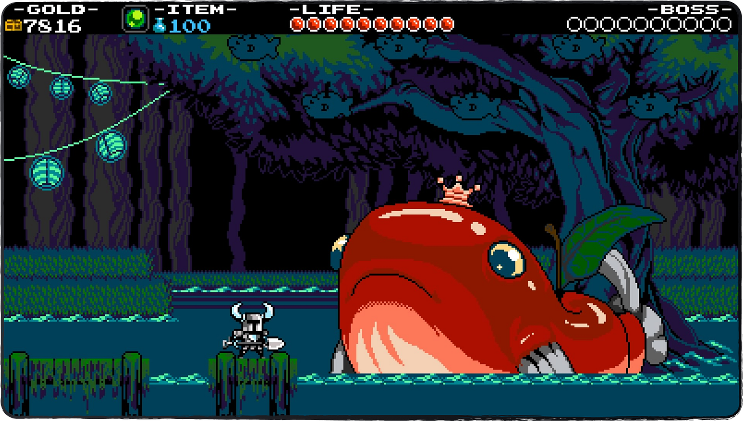 Image showing Shovel Knight with a giant fish named Troupple King!