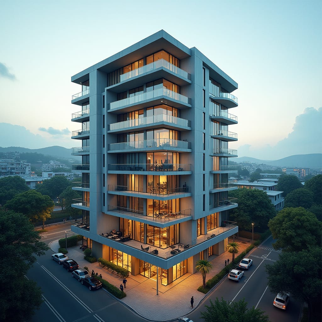 A sleek, modern apartment building in the heart of Kingston, Jamaica, rising above a bustling ground level that features a university campus, shops, cafes, and vibrant street life. The building's facade is a mix of glass and concrete, with clean lines and minimalist design. Large balconies offer views of the city and nearby mountains. The lower floors host students and professionals, creating a lively urban hub, while the upper residential floors provide peaceful, contemporary living spaces. The scene captures the blend of education, commerce, and modern urban lifestyle in Jamaica's capital. Urban sophistication, dynamic community, modern architecture.