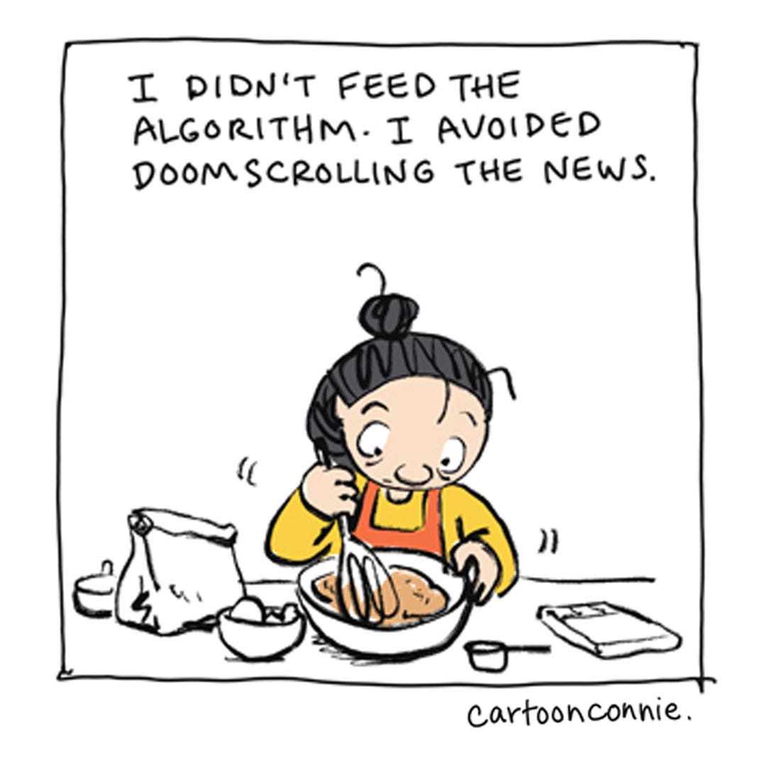 Excerpted panel from a comic strip illustrating a girl with a bun taking a break from social media and baking cookies for an elephant. Original art by Connie Sun, cartoonconnie, 2026.
