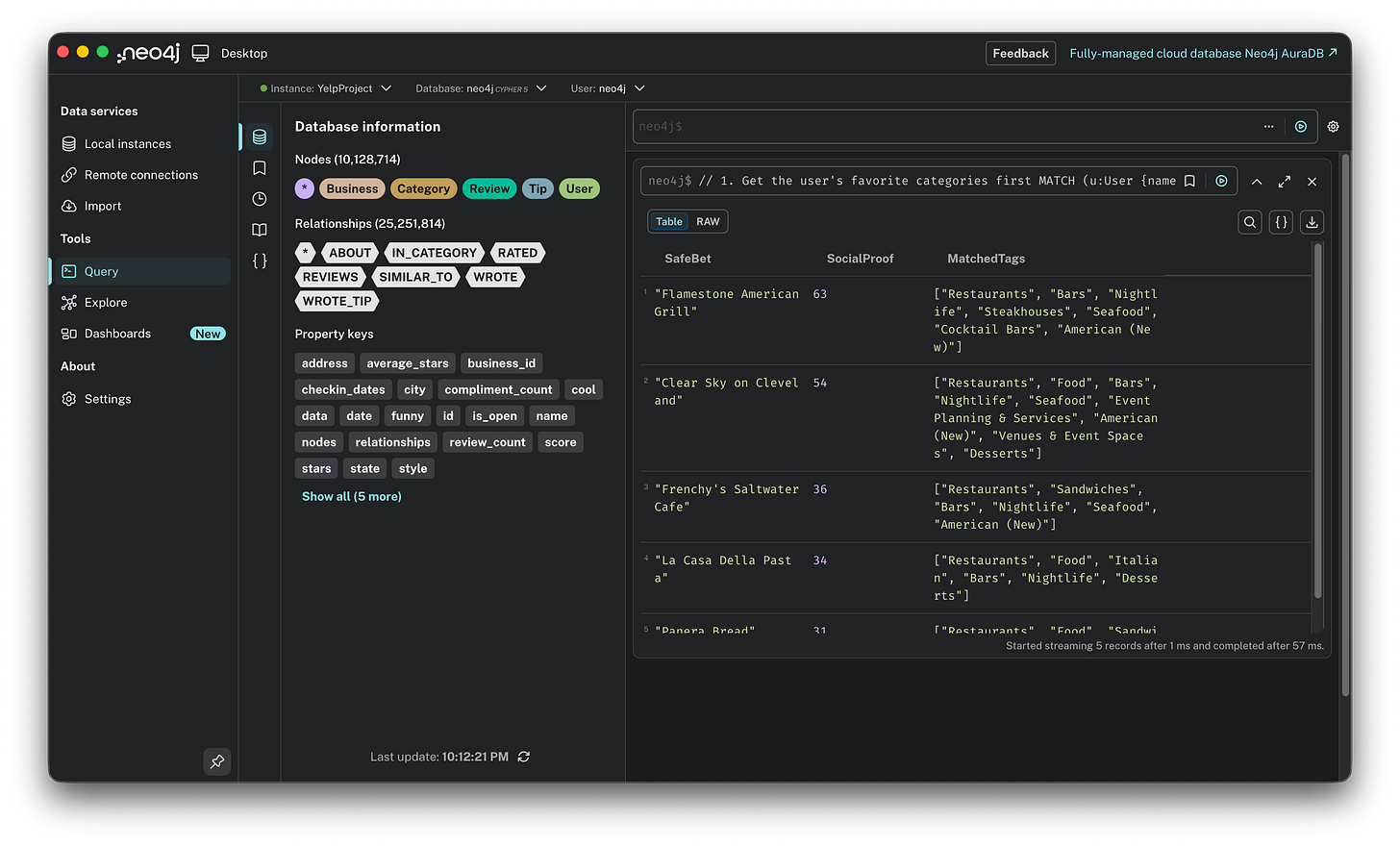 Neo4j query results showing “Flamestone American Grill” as the top recommendation with a Social Proof score of 63, followed by “Clear Sky on Cleveland” with 54.