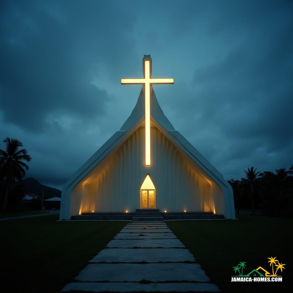 A modern church building in Jamaica, Caribbean, architecturally sculpted into the distinct shape of a Christian cross.