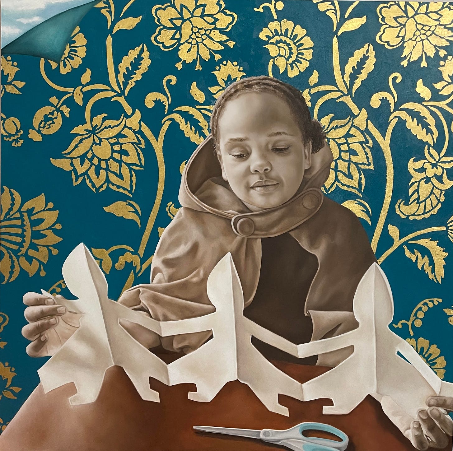 Painting of a girl looking at three paper dolls she has just cut out Painting of a girl looking at three paper dolls she has just cut out