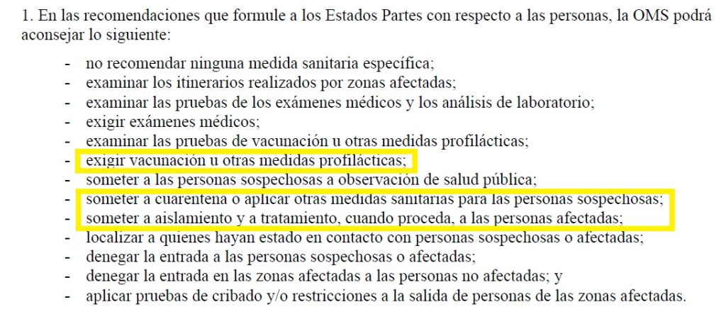 RSI - ARTÍCULO 18 - EXIGENCIAS Y SOMETIMIENTO A VACUNAS, TRATAMIENTOS, AISLAMIENTOS