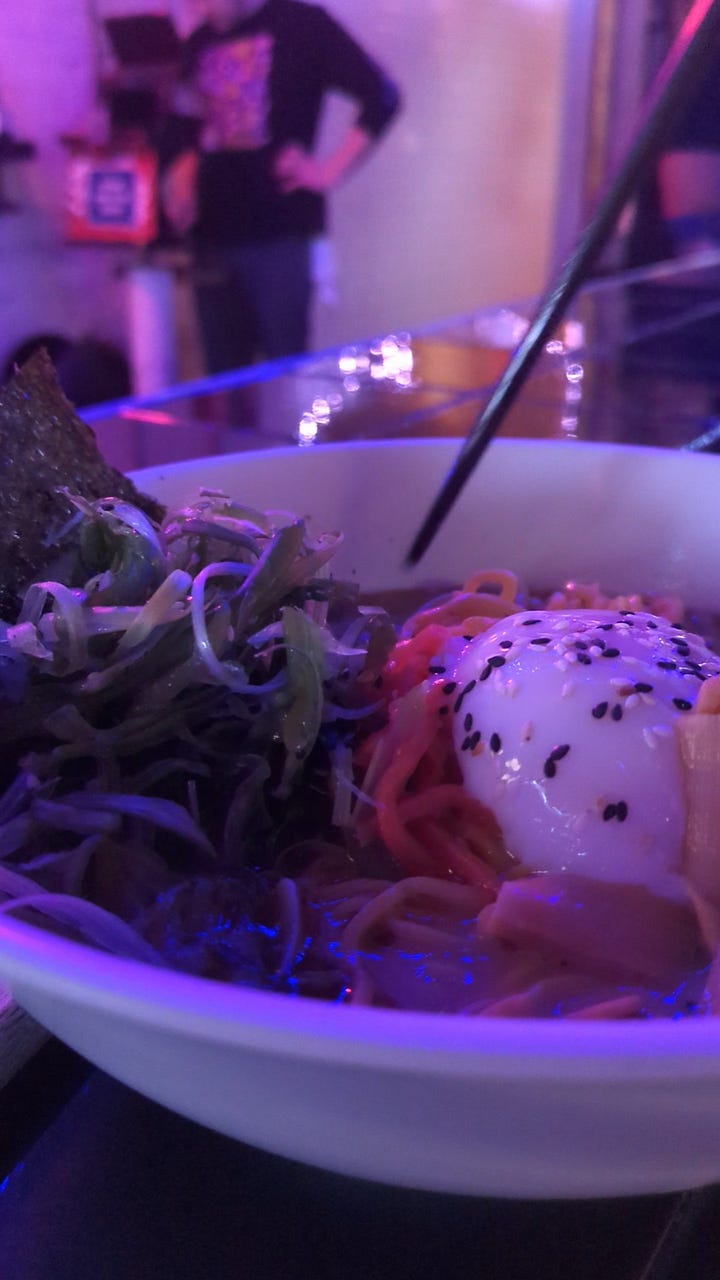 Cocktail from Chaplin's and Toki Classic ramen bowl