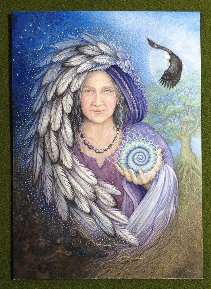 This may contain: a painting of a woman with feathers on her head and an eagle in the background This may contain: a painting of a woman with feathers on her head and an eagle in the background