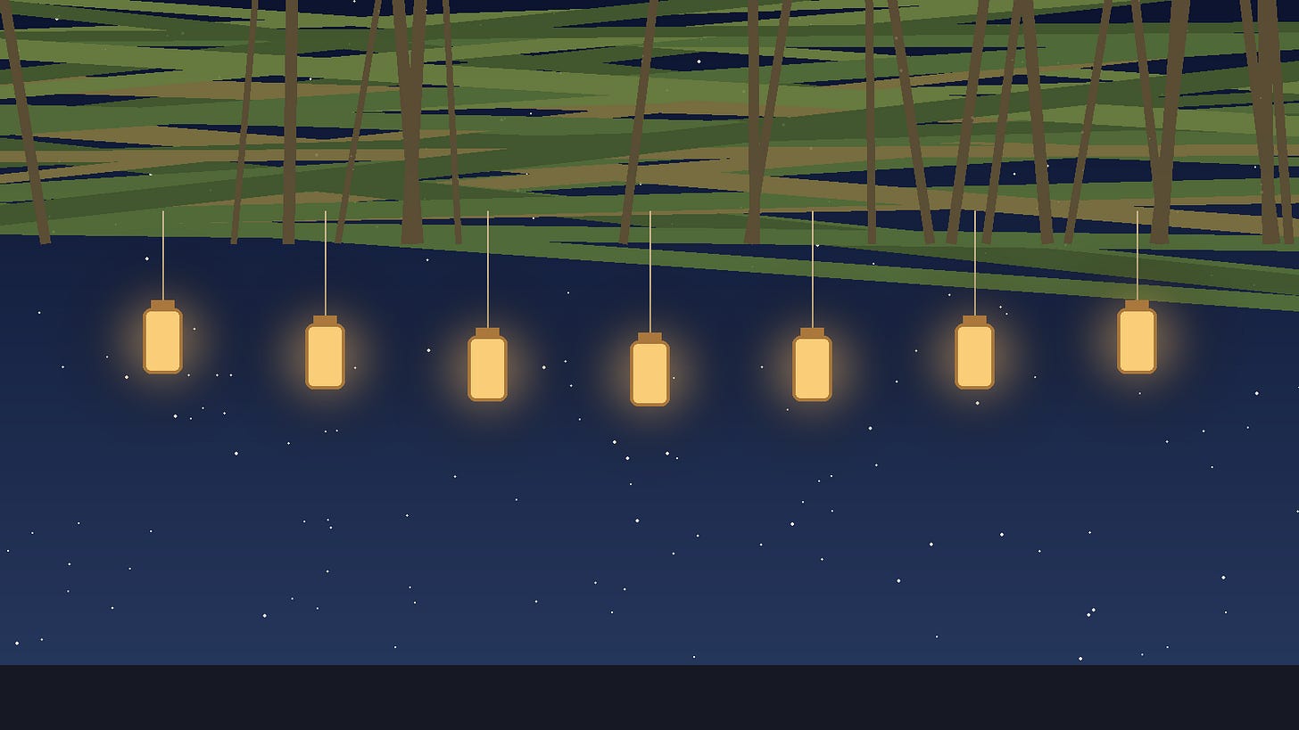 Stylized night view from inside a sukkah: a loose roof of branches with stars showing through, and seven glowing lanterns hanging in a row.