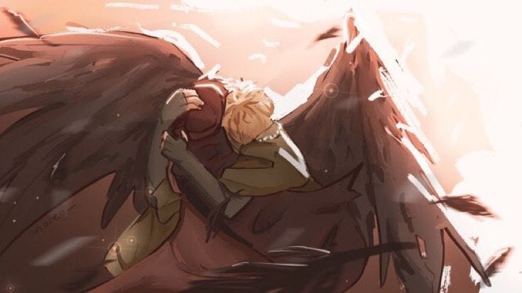 This may contain: an anime character with wings flying in the air and holding onto another person's arm This may contain: an anime character with wings flying in the air and holding onto another person's arm