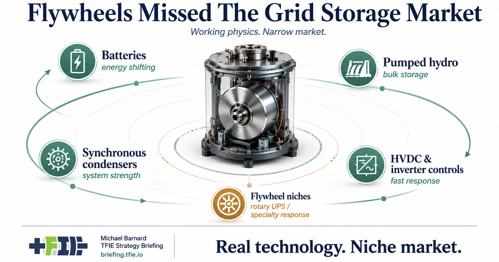 Editorial infographic showing a flywheel rotor in the center with larger surrounding grid-service markets occupied by batteries, synchronous condensers, pumped hydro, HVDC controls, and inverter-based resources, while flywheels remain in smaller niches such as rotary UPS and specialty fast-response applications.