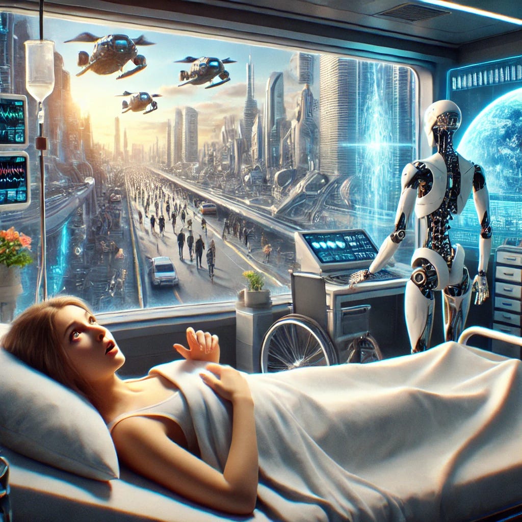 A photorealistic image of a woman waking up from a coma after 5 years to a world run completely by superintelligence. She is lying in a futuristic hospital bed, looking bewildered and astonished. The room is filled with advanced medical equipment, and a humanoid robot is standing by her side, monitoring her vitals. Through a large window, the outside world shows a highly advanced cityscape with flying cars, robotic citizens, and towering skyscrapers with digital displays. The atmosphere is a mix of amazement and slight dystopia, with advanced technology evident everywhere. A photorealistic image of a woman waking up from a coma after 5 years to a world run completely by superintelligence. She is lying in a futuristic hospital bed, looking bewildered and astonished. The room is filled with advanced medical equipment, and a humanoid robot is standing by her side, monitoring her vitals. Through a large window, the outside world shows a highly advanced cityscape with flying cars, robotic citizens, and towering skyscrapers with digital displays. The atmosphere is a mix of amazement and slight dystopia, with advanced technology evident everywhere.