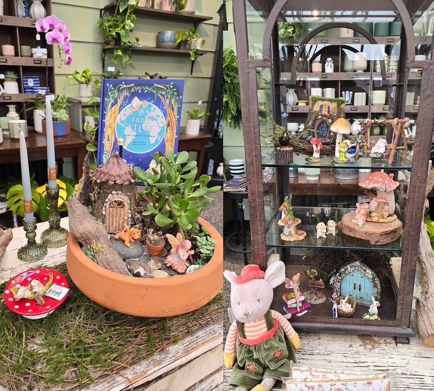 A store display of fairy figurines, frogs, mushrooms, plants, and a book about fairies