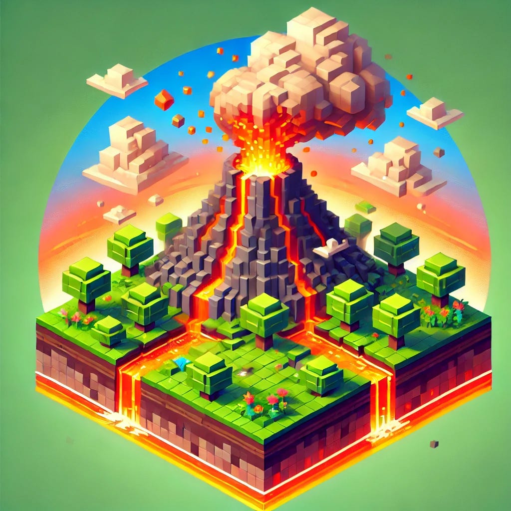 Minecraft comic image of a volcano erupting onto green and fertile valleys