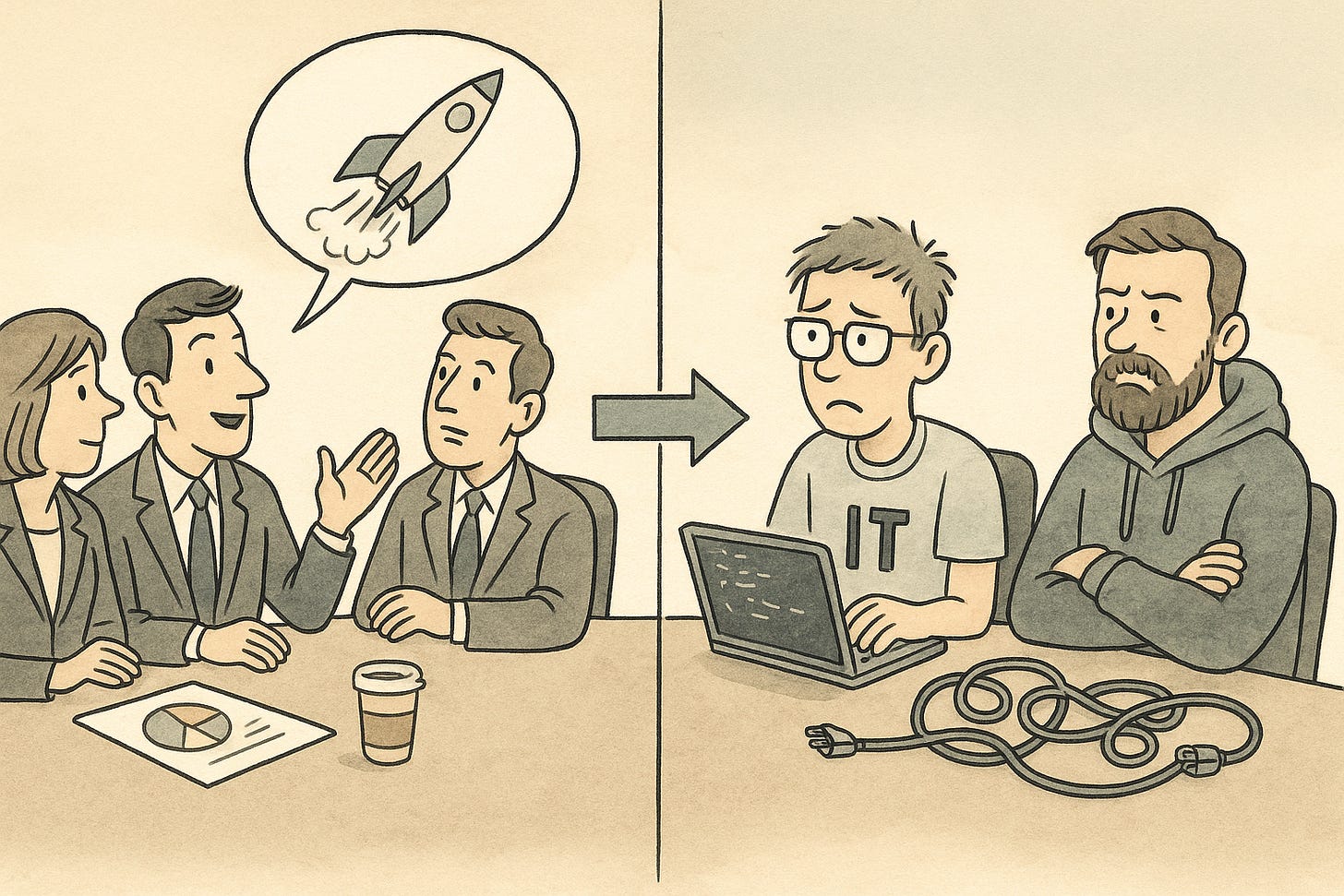 Product marketing and engineering teams discussing strategy and technical details, highlighting business misalignment