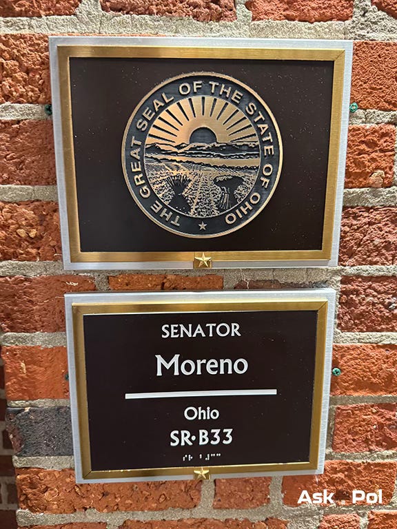 Placards for US Senator Moreno are on a historic brick wall in basment of US Capitol original photo by Matt Laslo © www.askapolpolitics.com Placards for US Senator Moreno are on a historic brick wall in basment of US Capitol original photo by Matt Laslo © www.askapolpolitics.com
