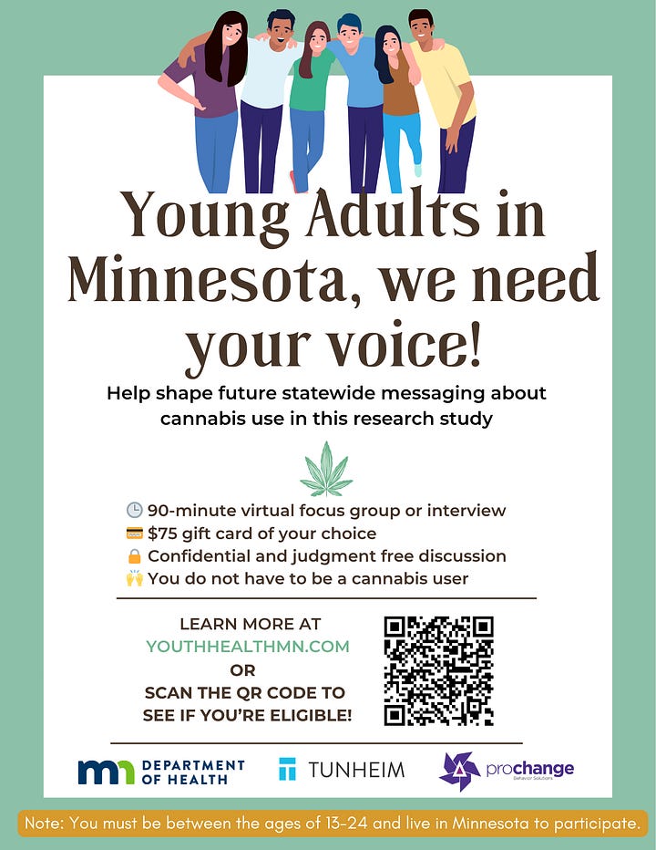 Cannabis-use research study fliers for Minnesota youth in English, Spanish, Somali and Hmong