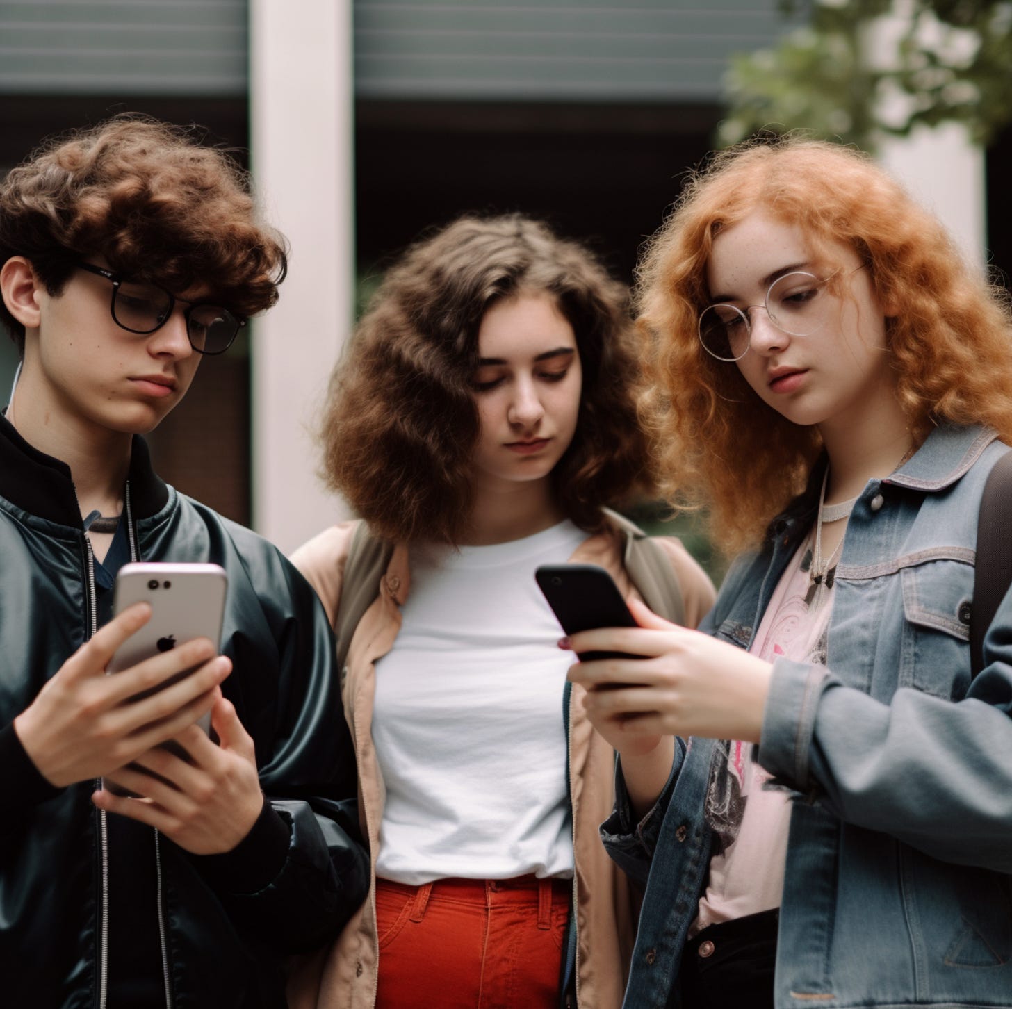 Photo of three curly-haired teens (one male and two female) looking at their iPhones. Generated by Midjourney.