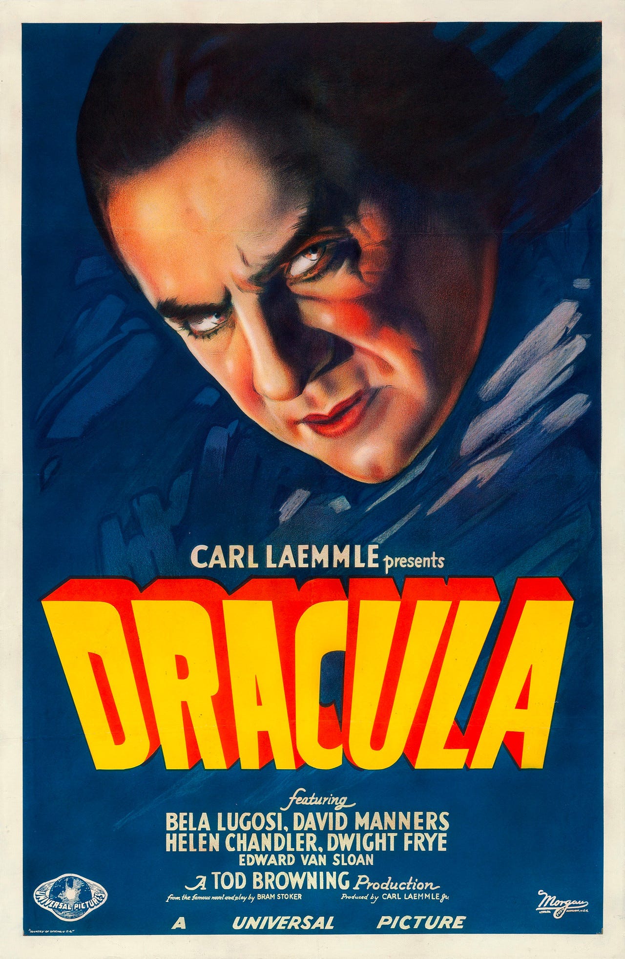Dracula poster, Style A, 1931: Bela Lugosi's face half in shadow against deep blue, DRACULA in yellow letters