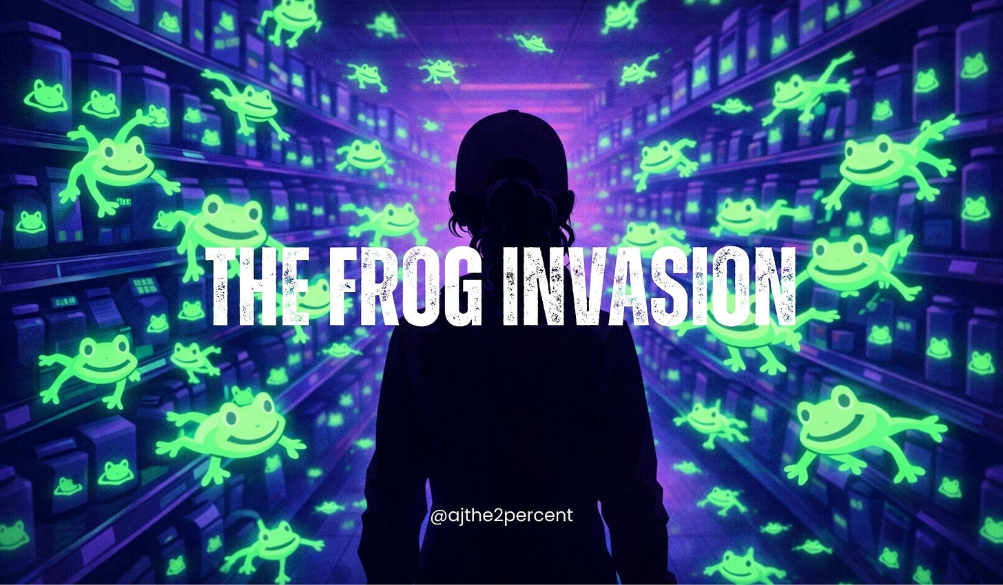 Female silhouette standing in a neon purple supermarket aisle as glowing green frog symbols swarm toward her, representing a symbolic “frog invasion.”