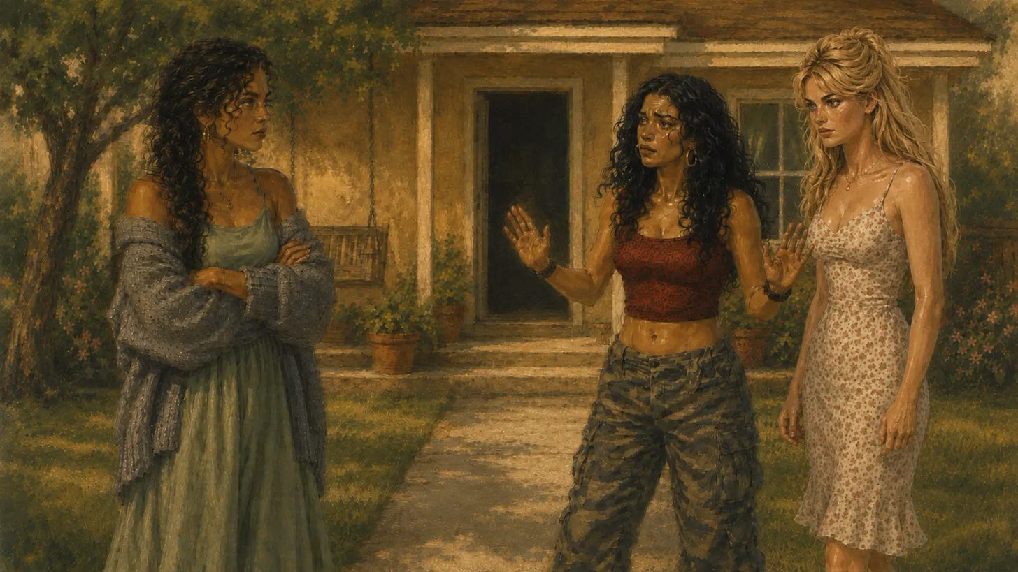 Three young Latina women in a tense confrontation outside a small yellow house. Lucia stands apart on the left with her arms crossed, defensive and angry. Penelope stands between them with raised hands, trying to calm the fight. Ellie stands on the right in a fitted floral dress, glaring with barely contained aggression. Three young Latina women in a tense confrontation outside a small yellow house. Lucia stands apart on the left with her arms crossed, defensive and angry. Penelope stands between them with raised hands, trying to calm the fight. Ellie stands on the right in a fitted floral dress, glaring with barely contained aggression.