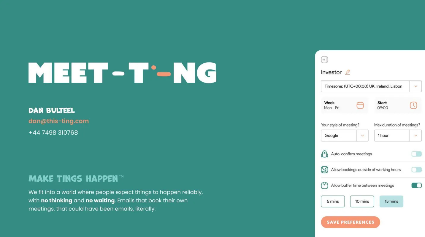 Closing slide with Meet-Ting contact details for founder Dan Bulteel and product screenshot.