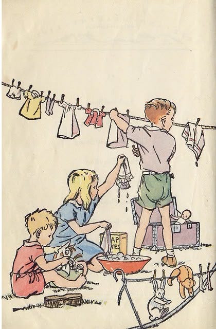 This may contain: an old children's book with clothes hanging out to dry This may contain: an old children's book with clothes hanging out to dry