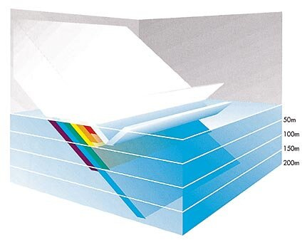 Between 3 and 30 percent of the sunlight is reflected at the sea surface. Then almost all of the seven colors of the light spectrum are absorbed one after another in the first 200 meters, except the blue light. (Oceans, Elder and Pernetta, p. 27.) Between 3 and 30 percent of the sunlight is reflected at the sea surface. Then almost all of the seven colors of the light spectrum are absorbed one after another in the first 200 meters, except the blue light. (Oceans, Elder and Pernetta, p. 27.)