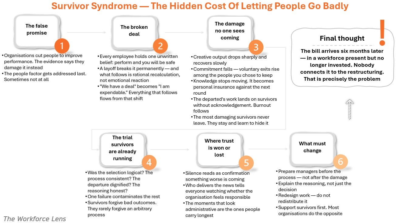 Infographic on Survivor Syndrome: 6 steps explaining how poorly managed layoffs destroy employee trust and productivity