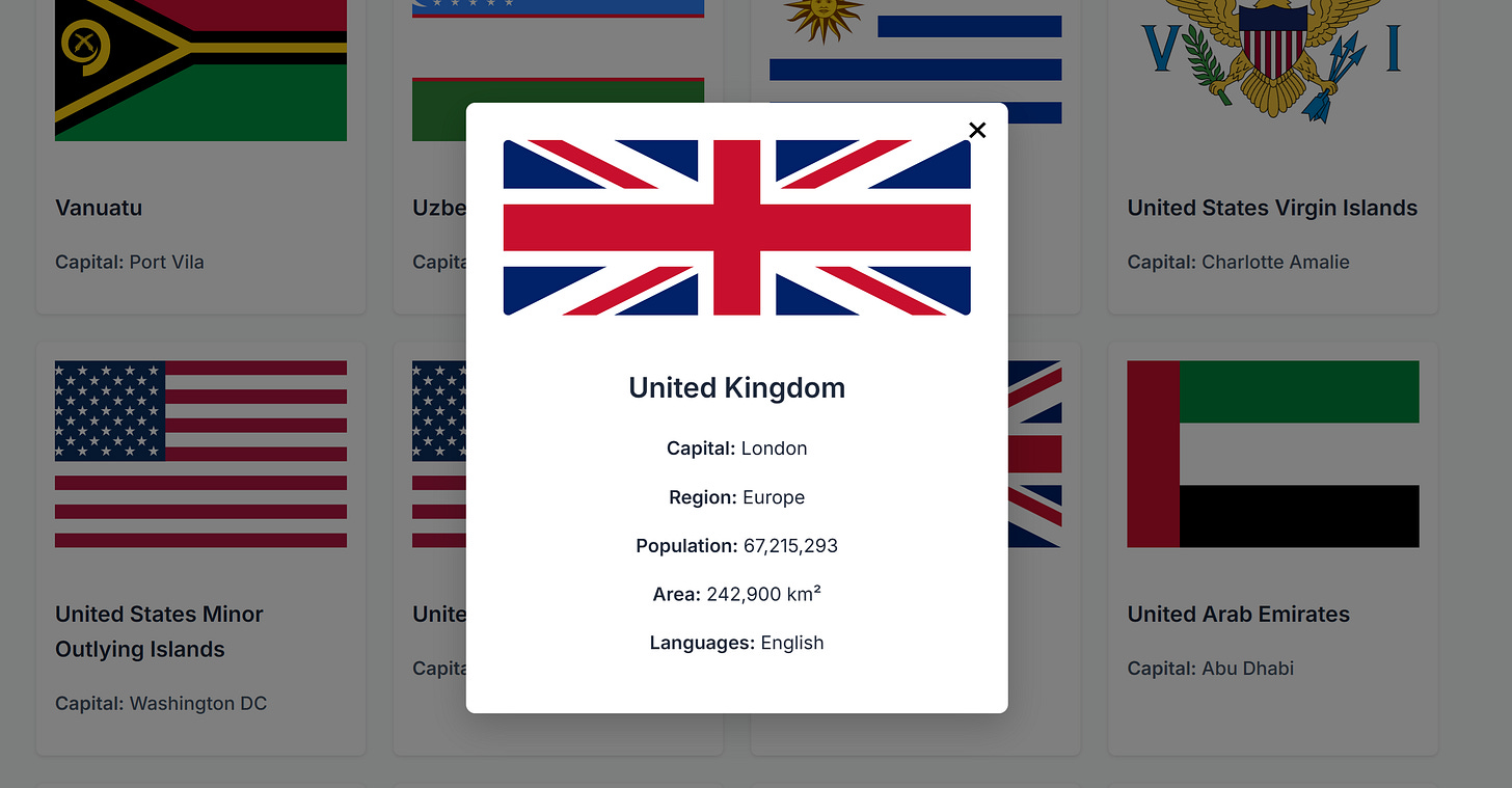 Screenshot of a country dashboard showing flag cards. A modal for the United Kingdom displays capital, region, population, area, and languages.