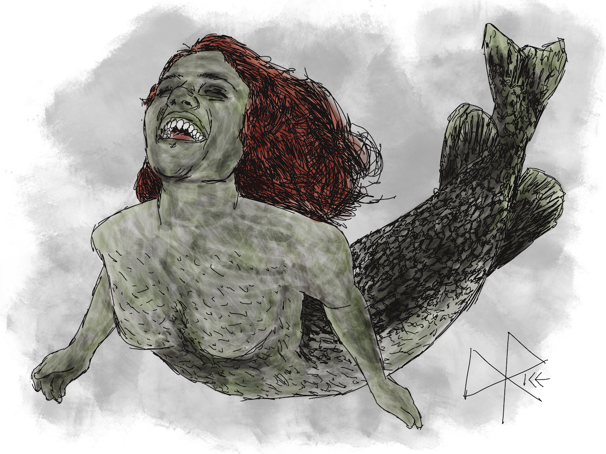 A mermaid, showing pointy teeth while swimming and singing, mouth wide open in a big smile. Sketch art by Don Rice. A mermaid, showing pointy teeth while swimming and singing, mouth wide open in a big smile. Sketch art by Don Rice.
