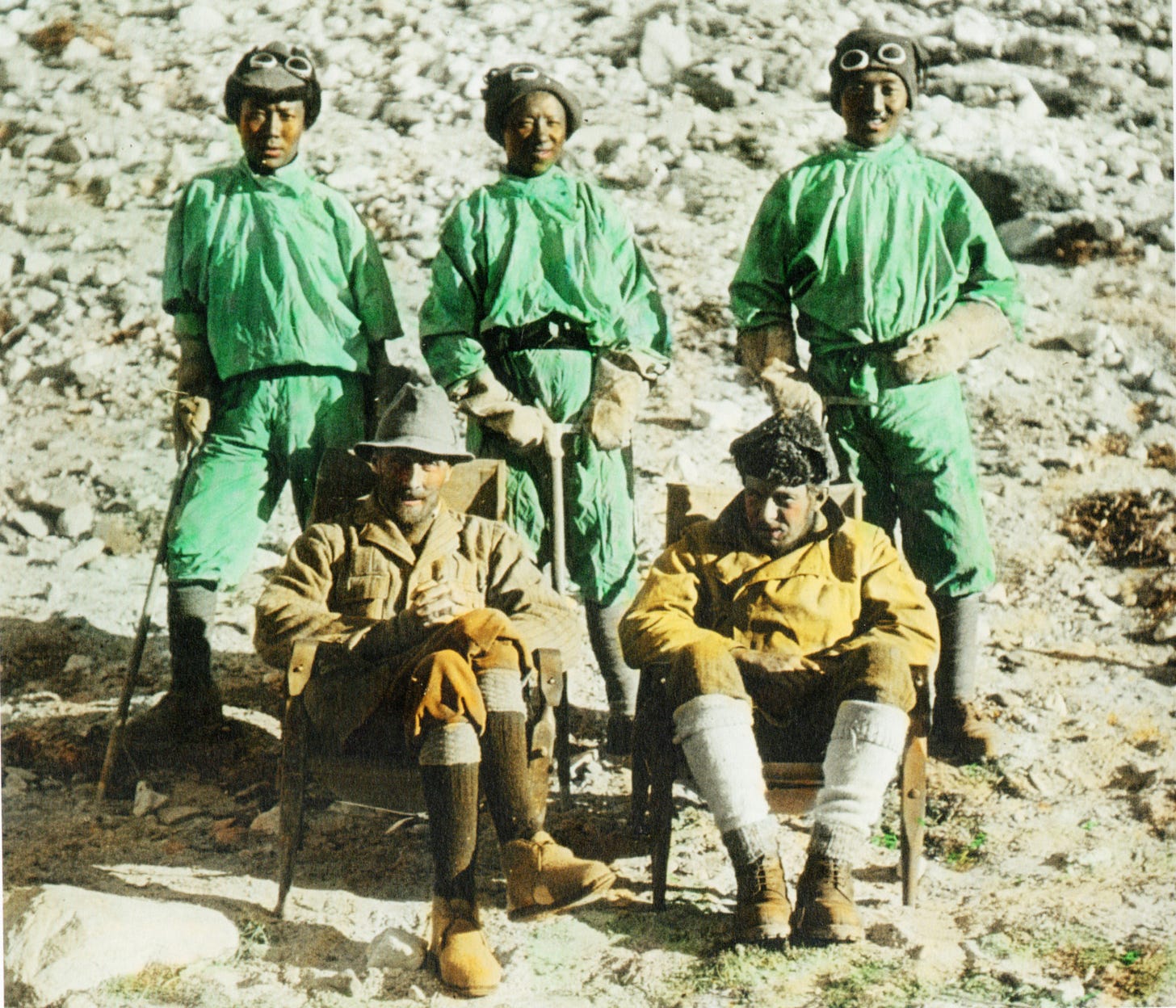 Five climbers, hand tinted photo