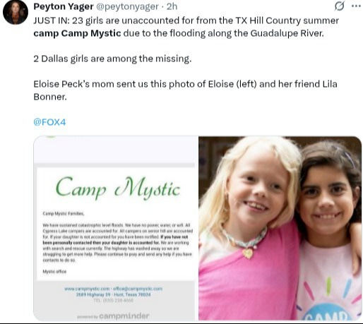The North Texas families of these two girls say they are missing after their cabin at Camp Mystic in Kerr County was washed away by flash flooding on the Guadalupe River The North Texas families of these two girls say they are missing after their cabin at Camp Mystic in Kerr County was washed away by flash flooding on the Guadalupe River