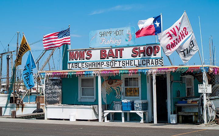Left: photo of the Rockport marina at Little Bay; right: photo of Mom's Bait Shop, a popular stop at the local marina.