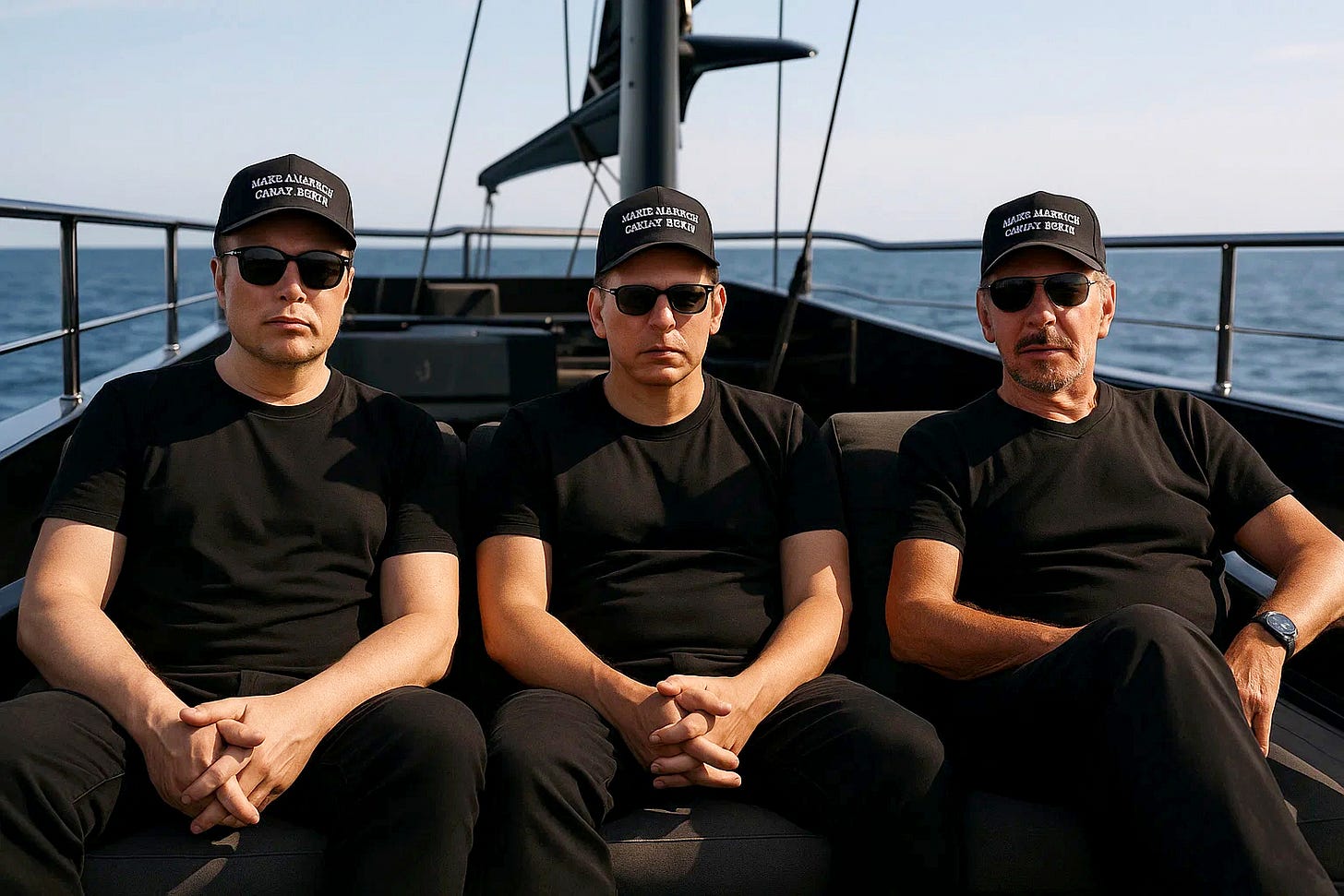 Elon Musk, Peter Thiel, and Larry Ellison seated confidently on a black yacht in sunglasses, black T-shirts, and black MAGA hats, as they introduce their new yacht club.