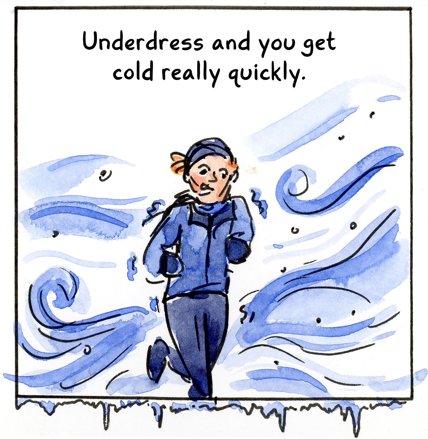 Winter running in Minnesota comic by cartoonist K. Woodman-Maynard.