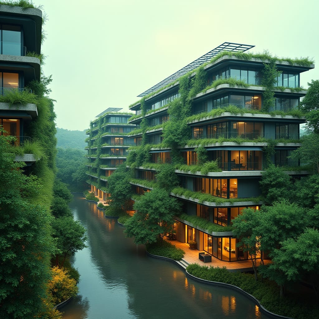Modern Green sustainable block of buildings in jamaica, green roof, water harvesting, lots of glass. solar planels on roof with shops below