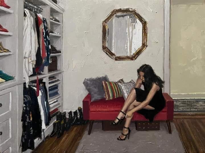 This may contain: a painting of a woman sitting on a red couch in front of a white closet