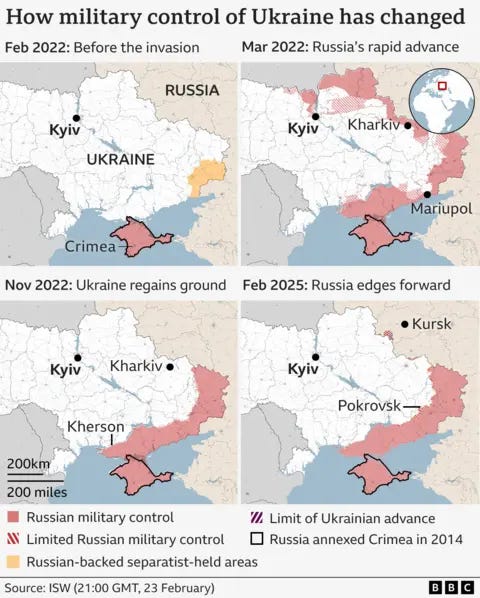 Four maps showing how the situation has changed on the ground since Russia's invasion: from Russian separatists holding territory in Donbass, to Russia taking territory in the north of Ukraine in the first days following the invasion, before being pushed out of the country and restricted to slow territorial gains in the southeast.