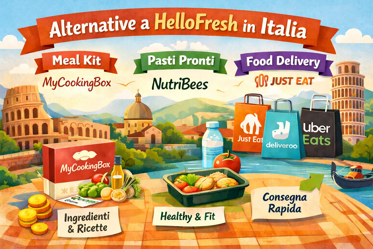 Illustrazione raffigurante le principali alternative a HelloFresh in Italia: MyCookingBox, Nutribees, JustEat e Deliveroo.