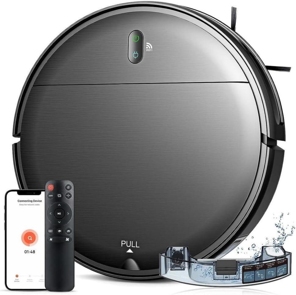 Robot Vacuum and Mop Combo, 2 in 1 Mopping Robot Vacuum Cleaner with Schedule, Wi-Fi/App, 1400Pa Max Suction, Self-Charging Robotic Vacuum, Slim, Ideal for Hard Floor, Pet Hair, Low-Pile Carpet