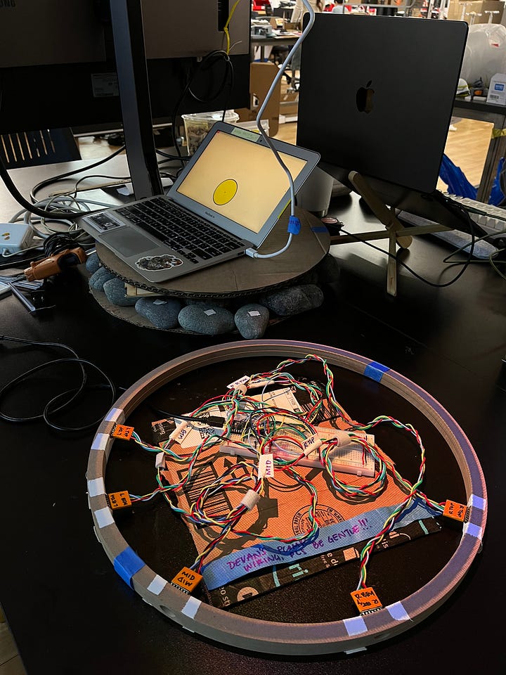 4 images, a brightly colored poster for the ITP/IMA Winter Show, a nest of wires attached to my computer, and a book cover with a Tolkein-style map and colorful dice in the cover image; a bright grid of cartoon figures on the cover of the Jukebox TTRPG