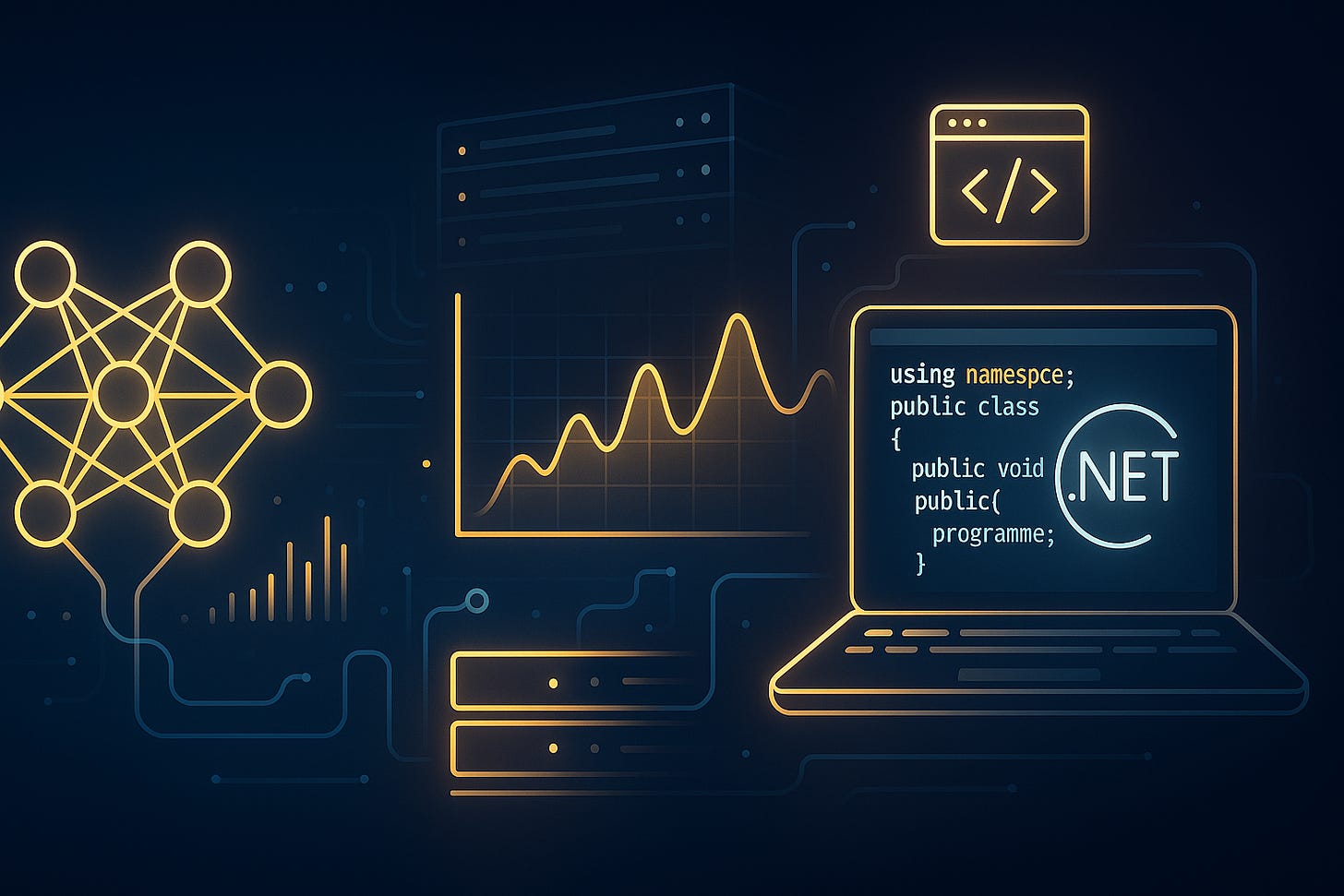 Illustration of .NET coding, neural network, and data visualization on a glowing digital interface. Illustration of .NET coding, neural network, and data visualization on a glowing digital interface.