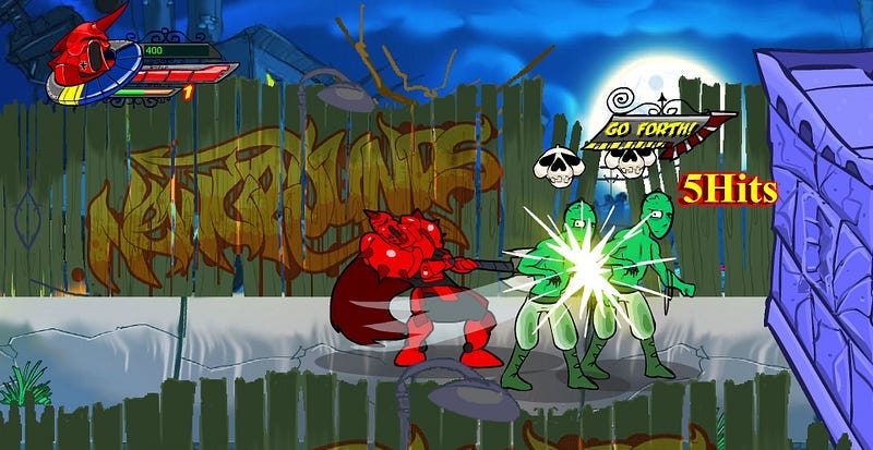 The Red Baron swinging his axe into a pair of zombies.