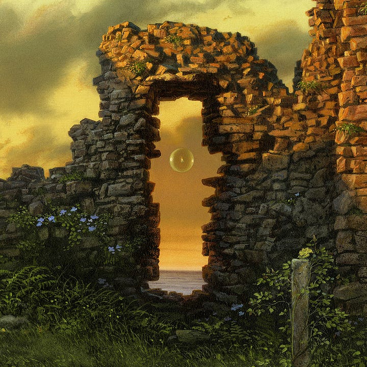 Details from DOORWAY TO THE WEST featuring rough stairs that lead to an uneven stone doorway set in ancient ruins as a solitary flame contained in a transparent sphere floats across the threshold. The left includes the lower foreground while the right focuses on a closer view of the stone doorway.