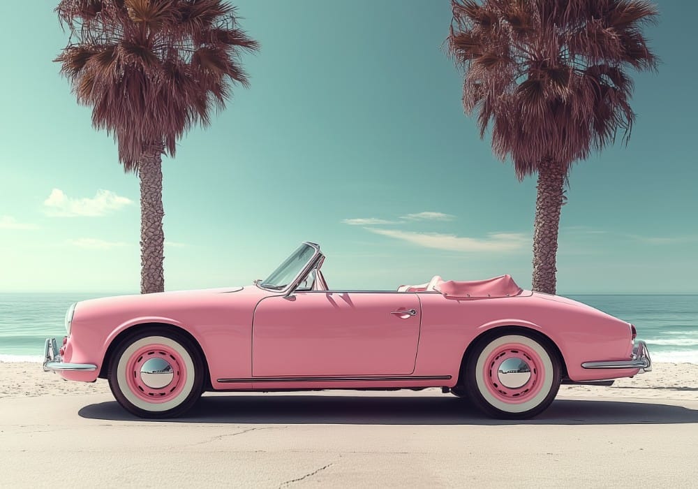 Vintage bubble gum pink 50s convertible at the beach