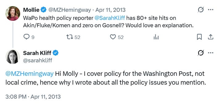 A tweet by Mollie Hemingway questioning a Washington Post reporter
