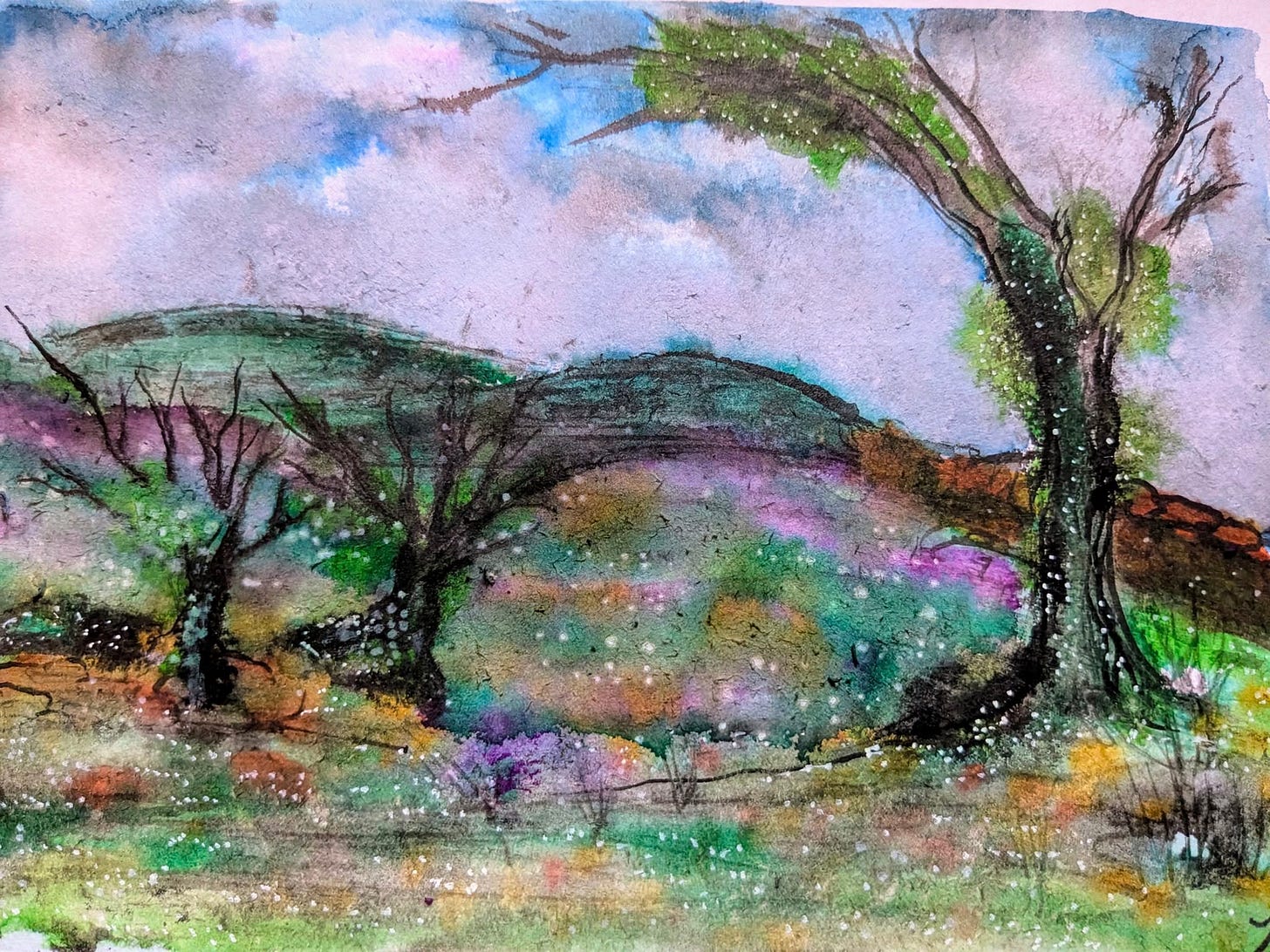 trees in field and hills behind watercolour sketch trees in field and hills behind watercolour sketch